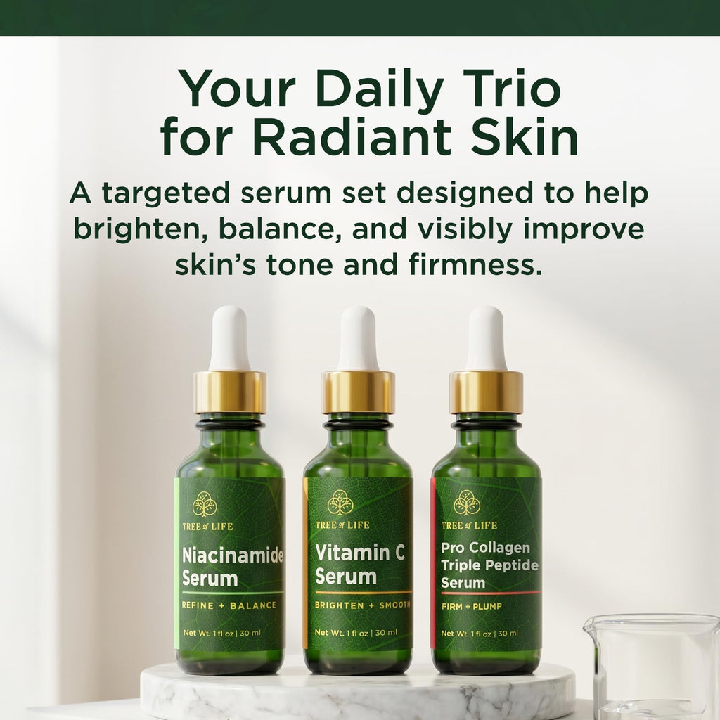 Discover Tree of Life's genuine serum trio for radiant skin: Niacinamide, Vitamin C, and Collagen Peptide. Brighten, firm, and plump!