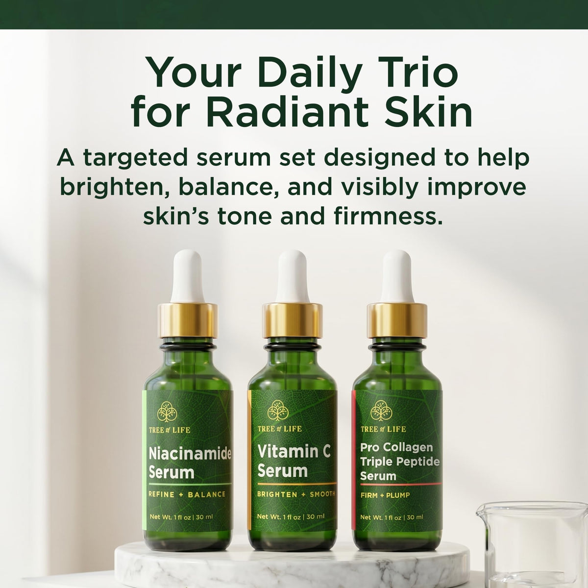 Discover Tree of Life's genuine serum trio for radiant skin: Niacinamide, Vitamin C, and Collagen Peptide. Brighten, firm, and plump!