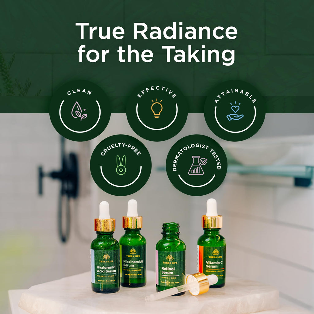 Showcasing Tree of Life Face Serums: Hydrate, brighten, and rejuvenate with cruelty-free formulations, dermatologically tested.