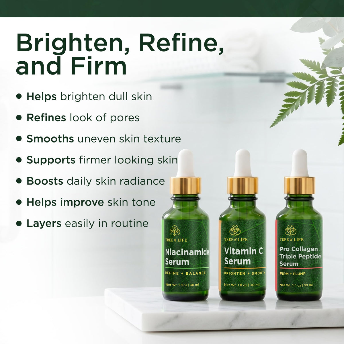 Premium imported Tree of Life Face Serums: Niacinamide, Vitamin C, and Pro Collagen for brighter, smoother skin.