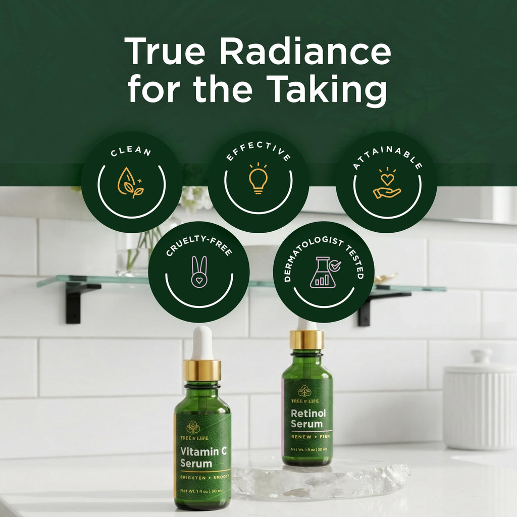 Tree of Life Face Serum collection featuring Vitamin C and Retinol. Clean, effective, cruelty-free skincare solutions.