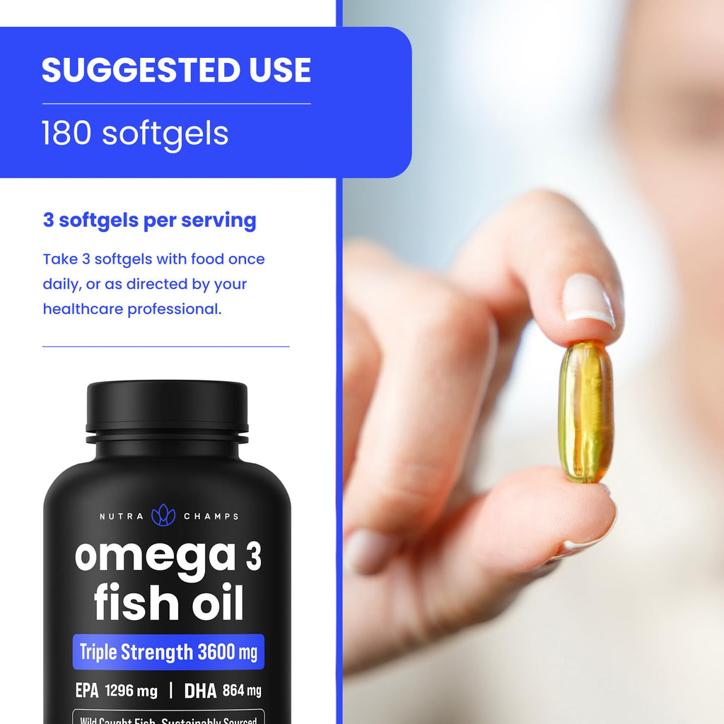 Premium imported Triple Strength Omega 3 Fish Oil softgels from Curat Cart, featuring 180 capsules for optimal health benefits.