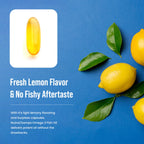 Triple Strength Omega 3 Fish Oil in high-quality packaging, featuring fresh lemon flavor and no fishy aftertaste. Available at Curat Cart.