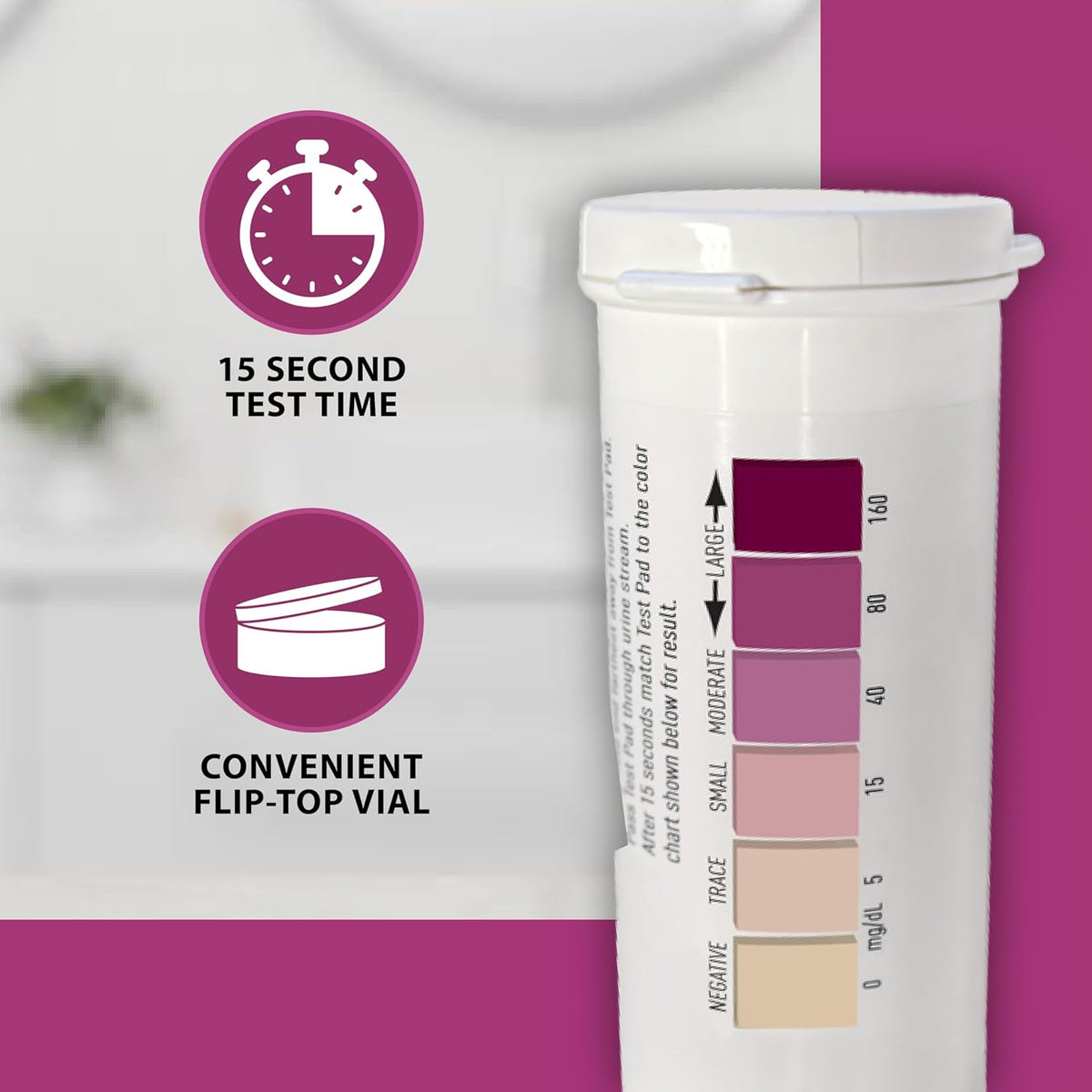 Convenient flip-top vial of TRUEplus Ketone Test Strips, test in just 15 seconds. Verified by CuratCart for quality assurance.
