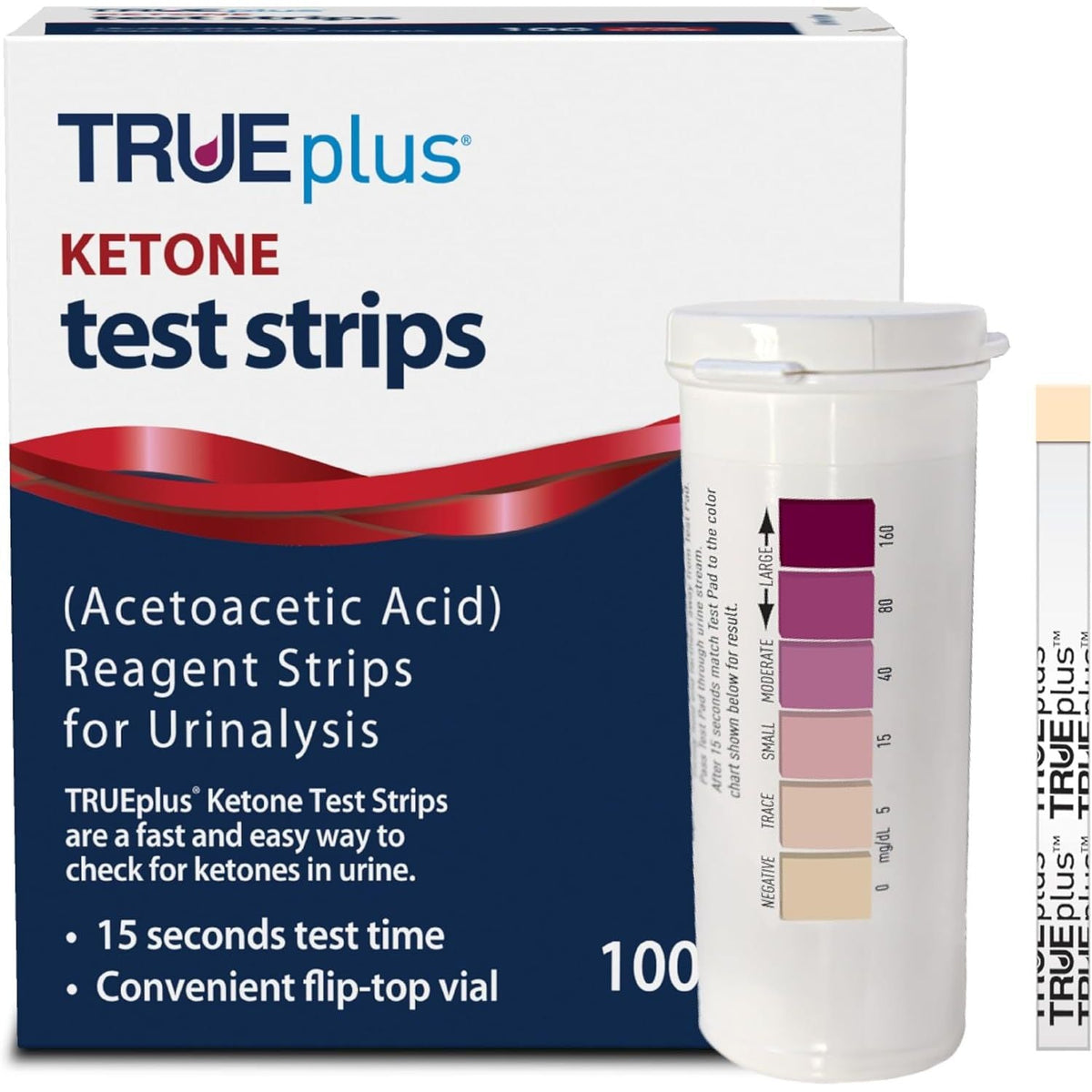 TRUEplus Ketone Test Strips for urinalysis, 100 strips in a convenient flip-top vial. 100% genuine product for accurate testing.