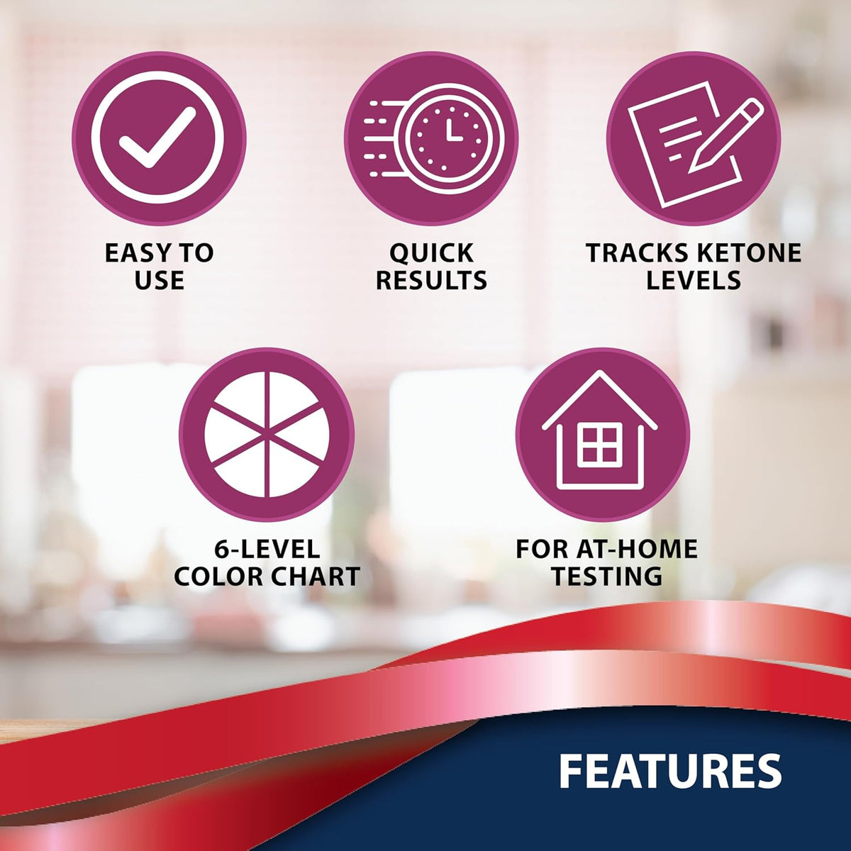 TRUEplus Ketone Test Strips features: easy to use, quick results, tracks levels, 6-level color chart, for at-home testing.