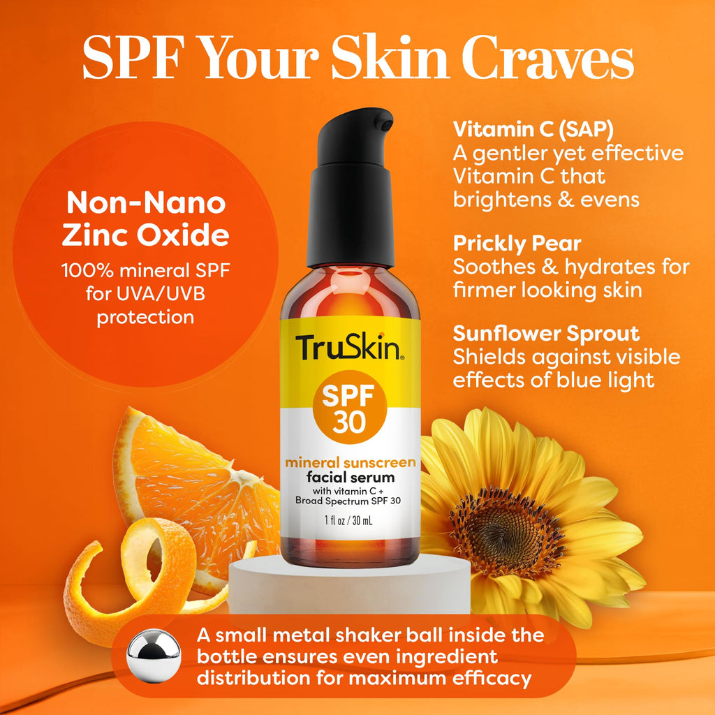 TruSkin Tinted Mineral Sunscreen Serum SPF 30 offers 100% authentic protection against UVA/UVB. Available at Curat Cart.