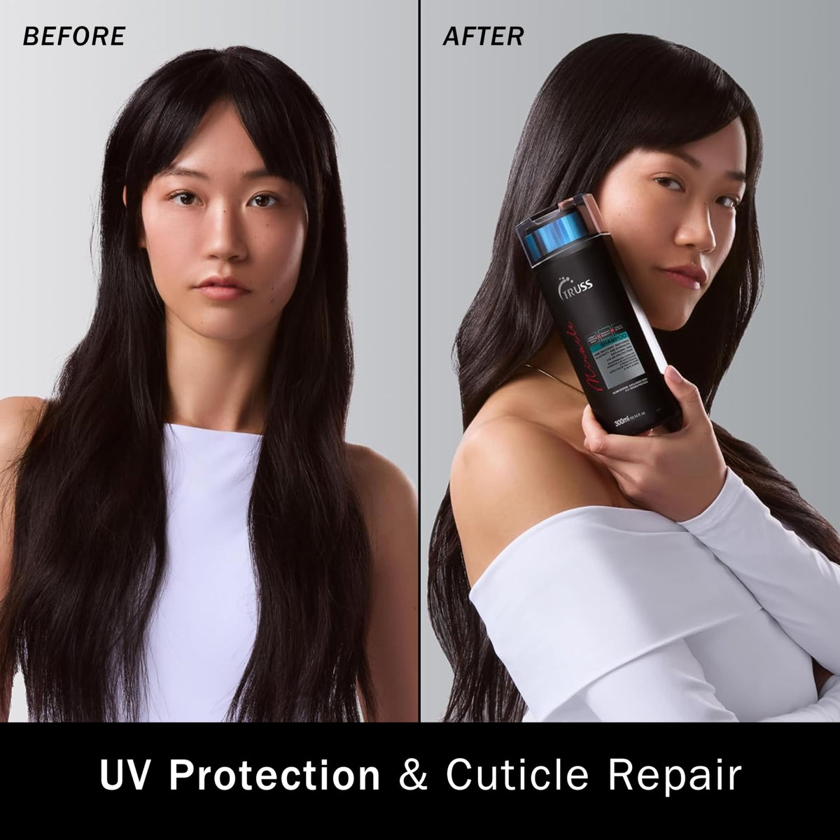 TRUSS Miracle Shampoo in high-quality packaging, showcasing stunning hair transformation. Available at Curat Cart.