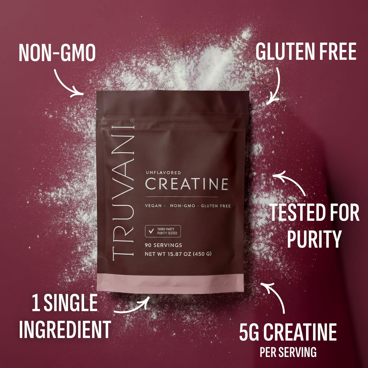 Truvani Creatine Monohydrate Powder, 100% authentic, non-GMO, vegan, gluten-free, available at Curat Cart in India.