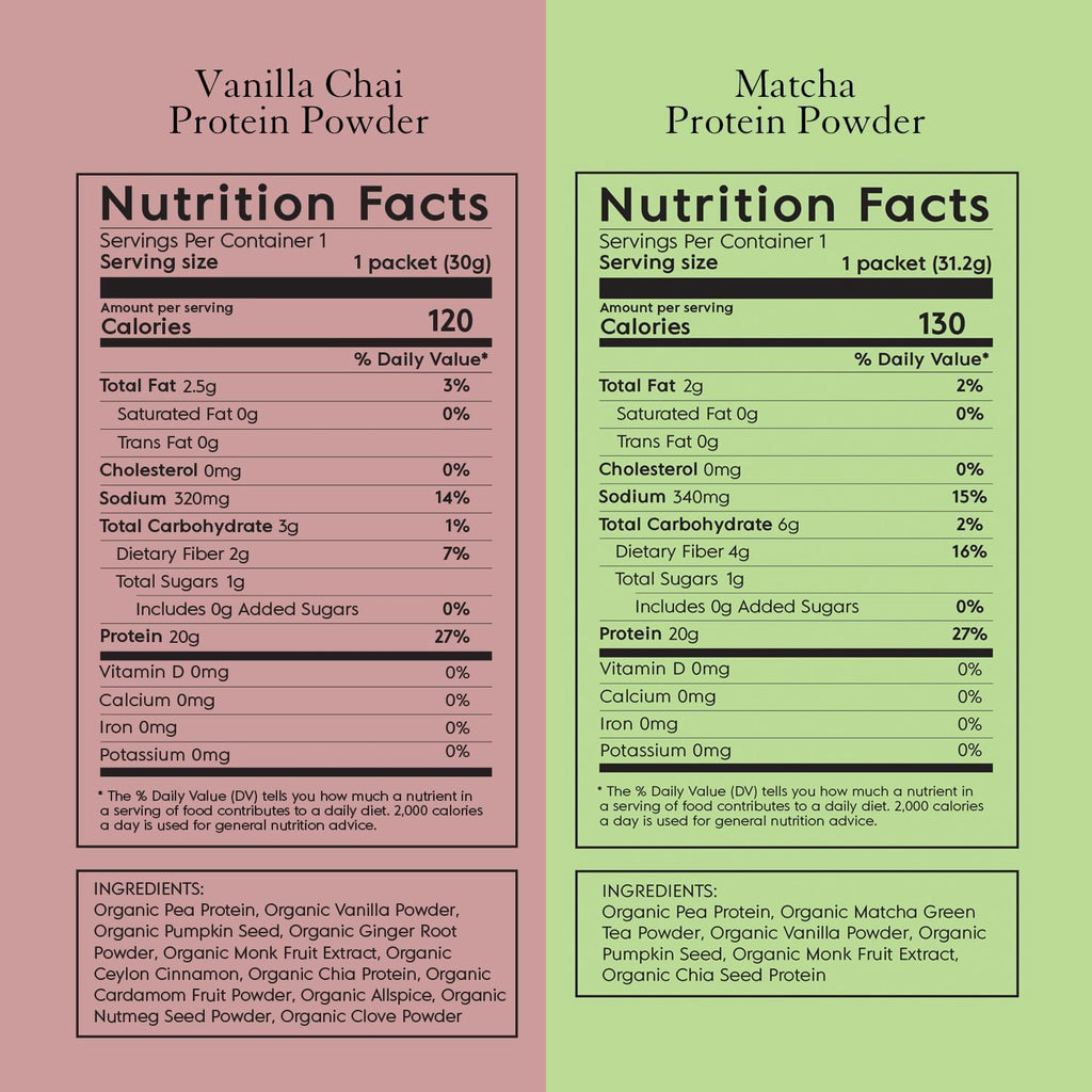 Detailed nutrition facts for Truvani Organic Plant Based Protein in Vanilla Chai and Matcha variants, showcasing official packaging quality at Curat Cart.