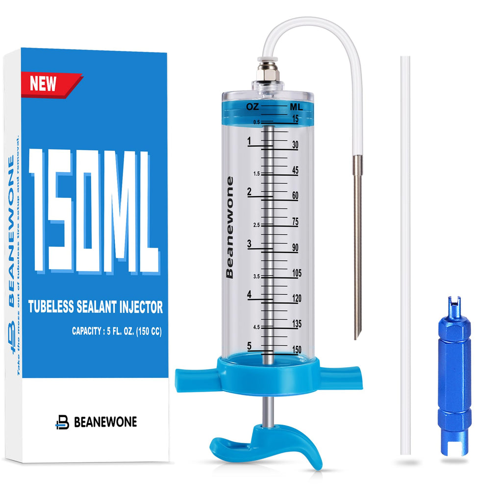 Premium imported Tubeless Sealant Injector with 150ML capacity, ideal for quick tire repairs. Available at Curat Cart.