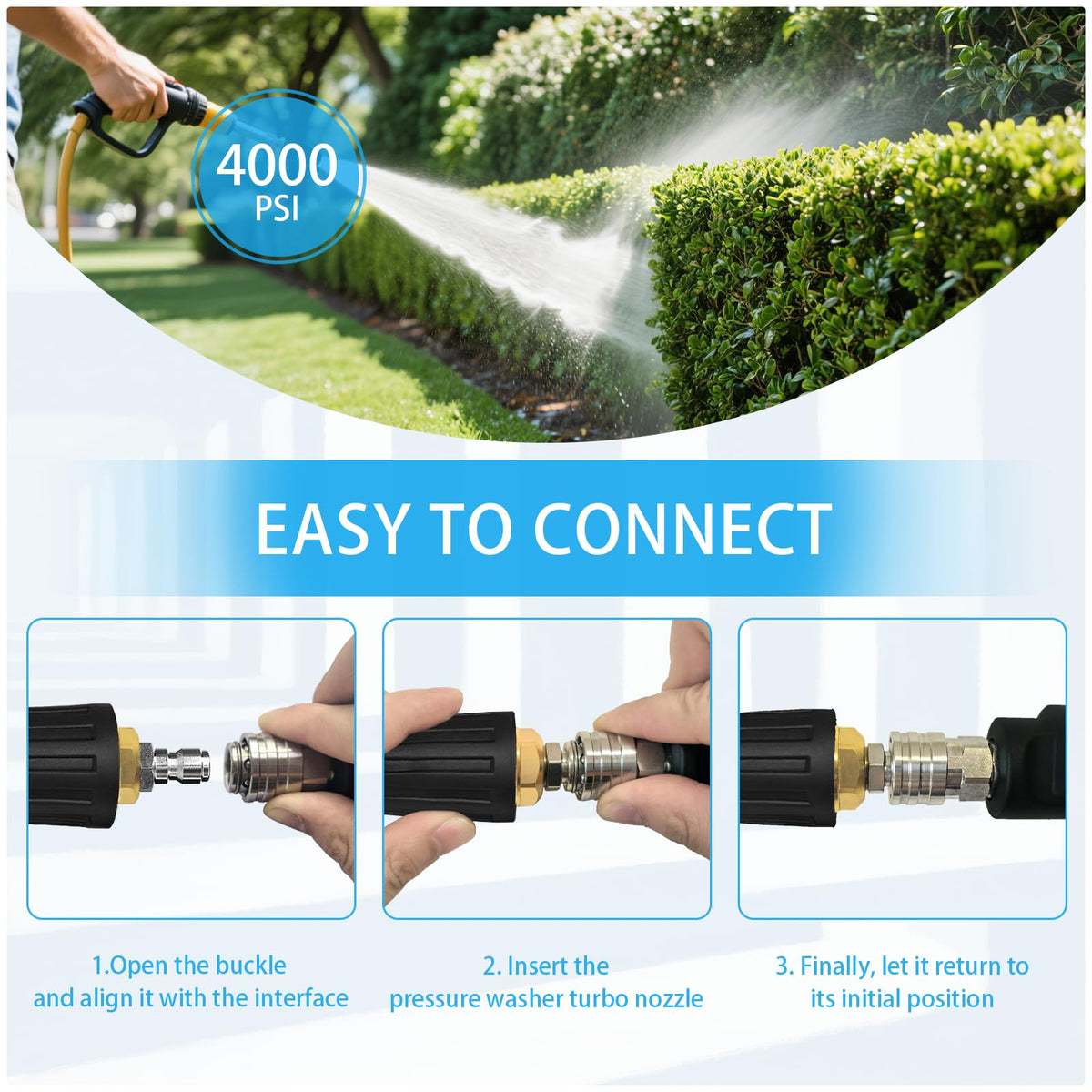 Turbo Nozzle Pressure Washer Tips showcased with easy connection steps; high-quality design ensures effective cleaning. Available at Curat Cart.