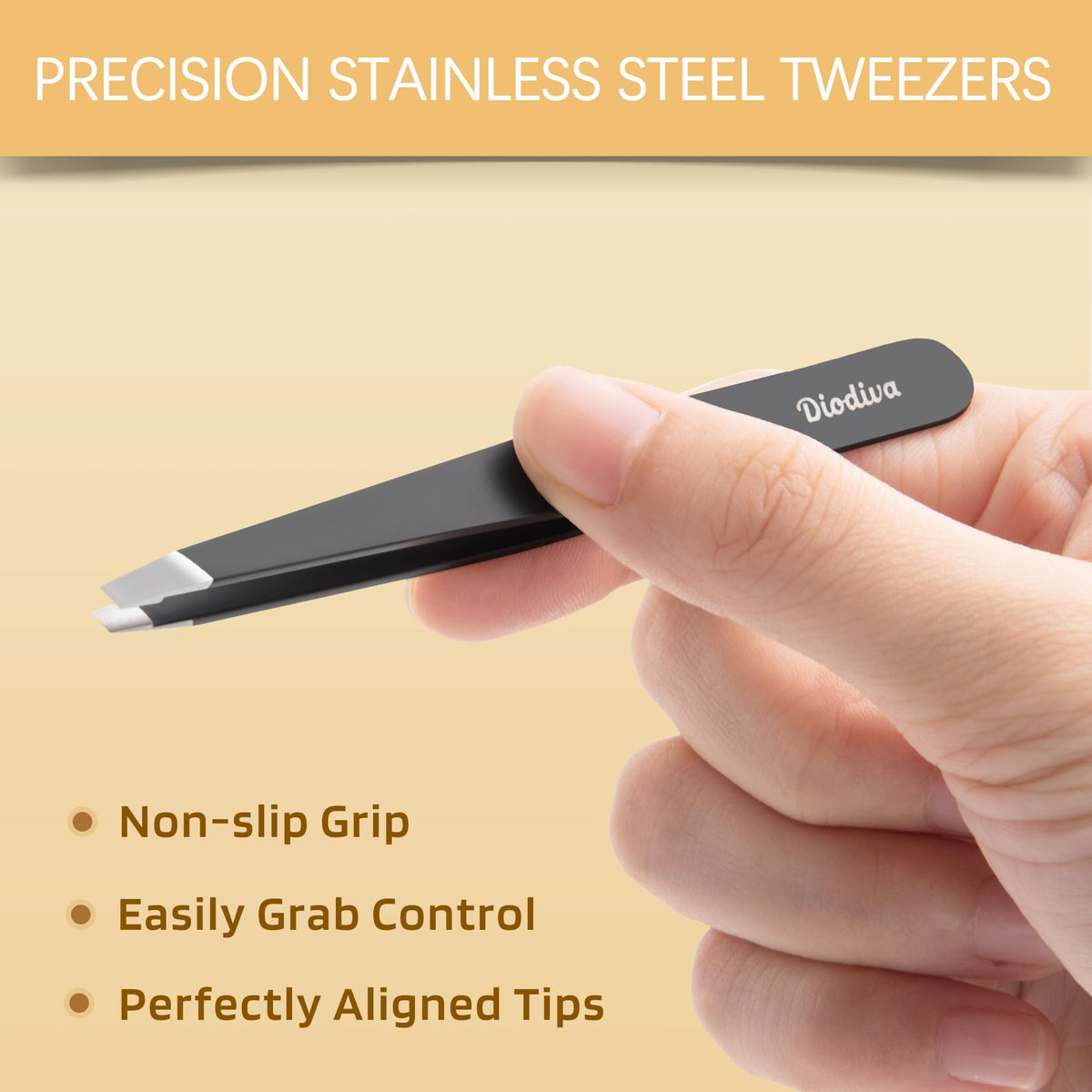 Diodiva precision tweezers feature a non-slip grip, perfectly aligned tips, and are ideal for eyebrow and facial hair grooming.