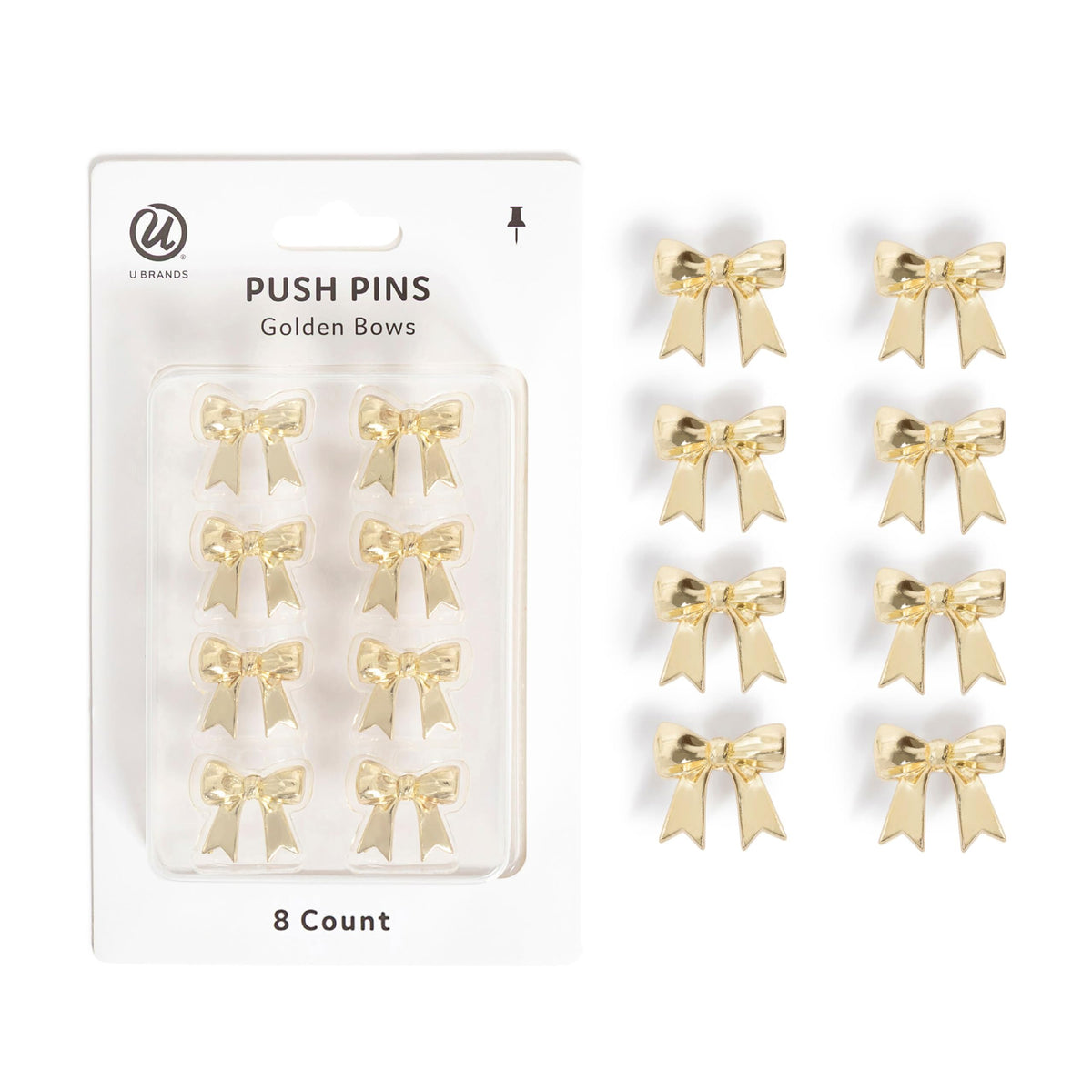 Premium imported U Brands Gold Bow Push Pins, adding a stylish touch to your workspace. Available at Curat Cart.