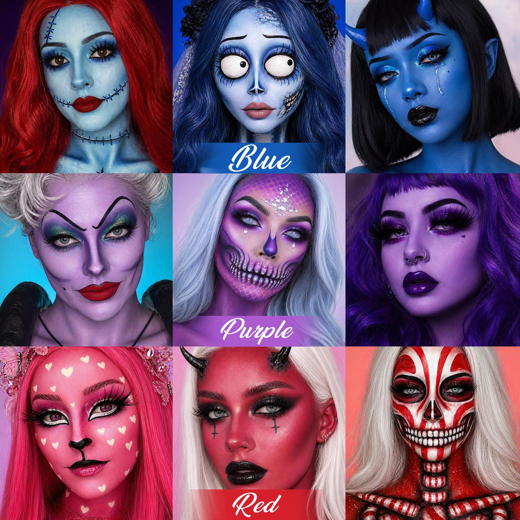Explore the UCANBE Face Body Paint Palette with stunning blue, purple, and red makeup designs. Perfect for creative expression. Available at Curat Cart.