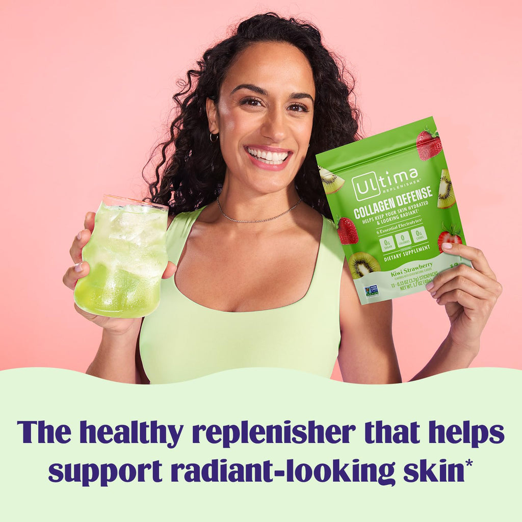 Ultima Replenisher Collagen Defense supports radiant skin with refreshing flavors. 100% Authentic, available at Curat Cart.