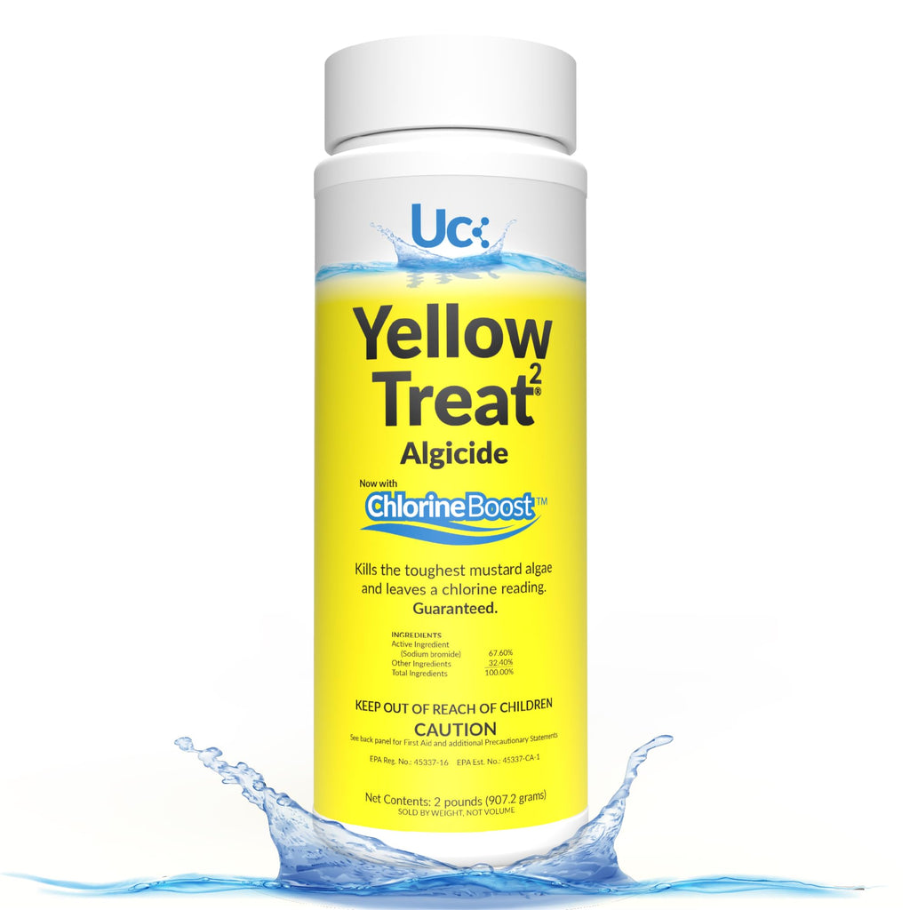 United Chemical Yellow Treat Mustard Algaecide in official packaging, effectively eliminates tough mustard algae. Available at Curat Cart.