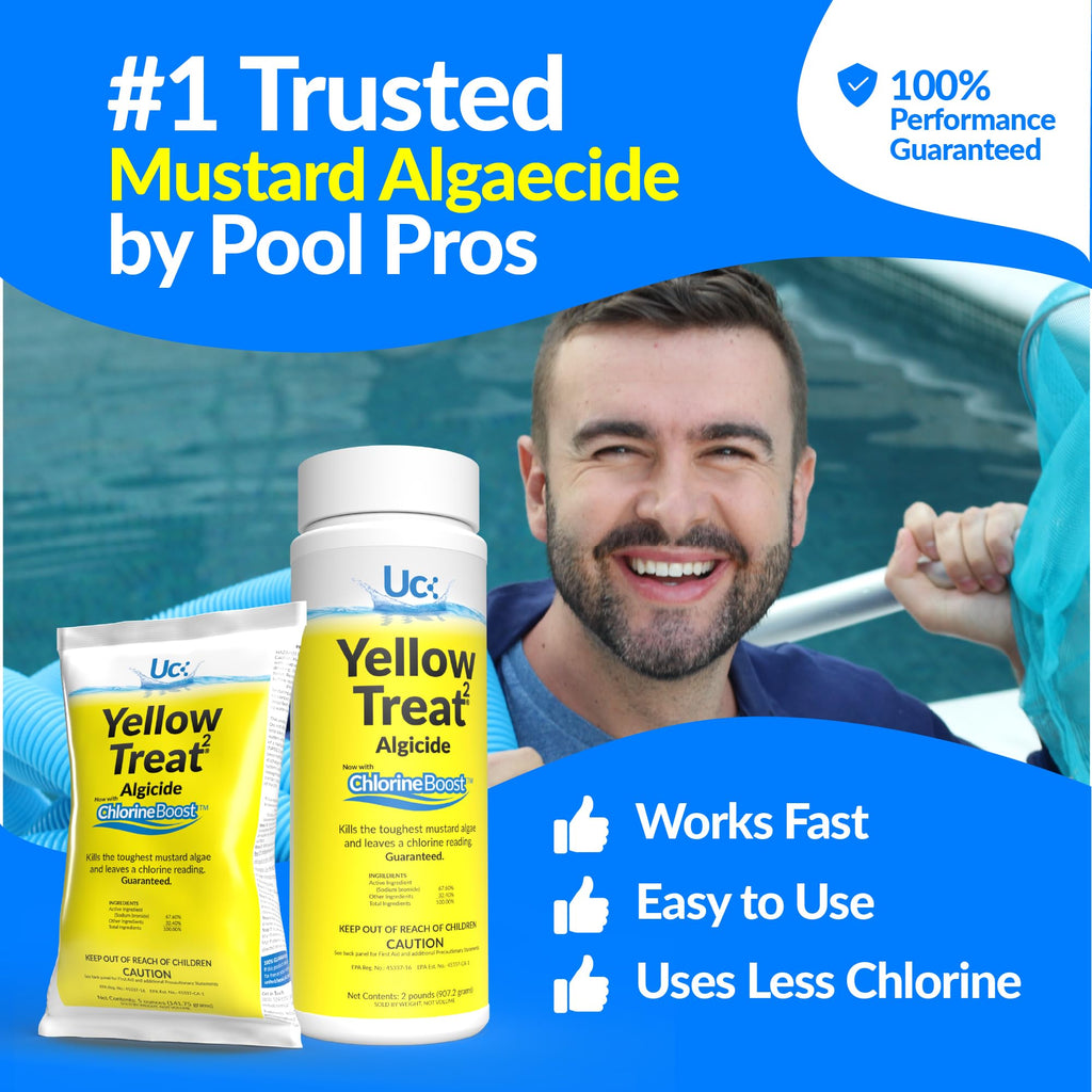 United Chemical Yellow Treat Mustard Algaecide, 100% Authentic, trusted by pool pros, available at Curat Cart. Easy to use and effective.