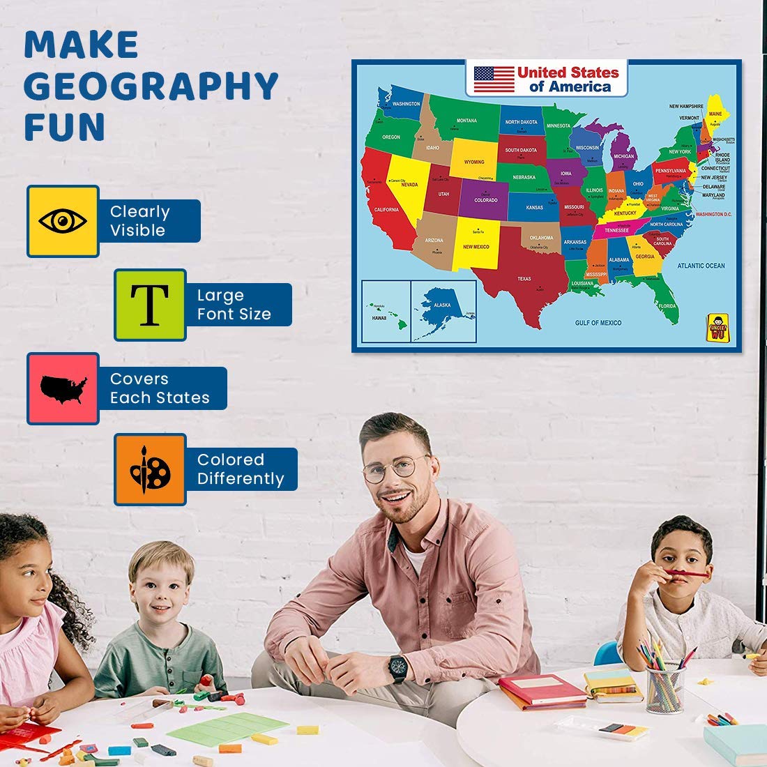 United States Map Laminated Poster, high-quality finish, clearly visible with large fonts for easy learning. Available at Curat Cart.