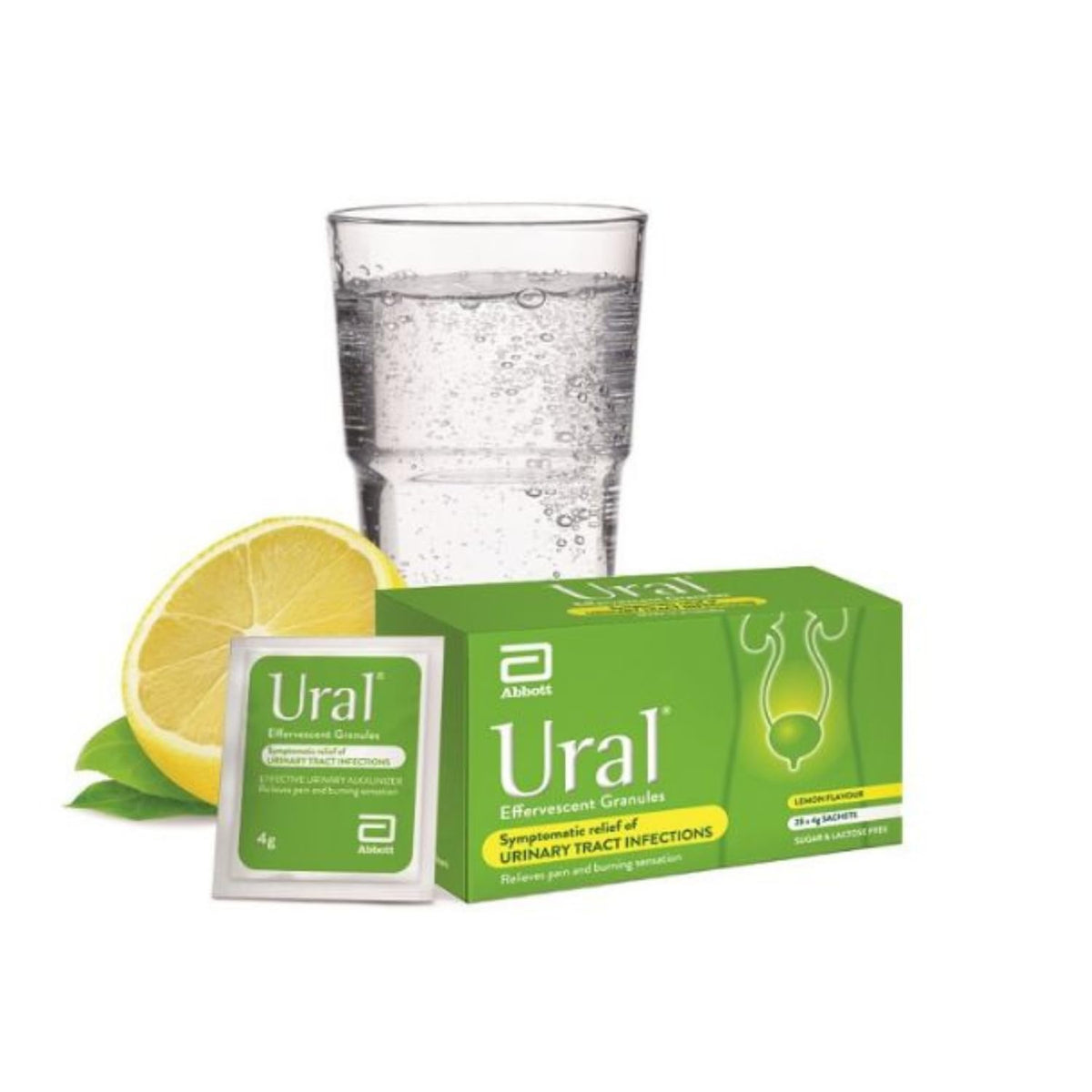 Ural Effervescent Powder Urinary Alkalinizer - Front Packaging With Lemon And Water | Authentic Curat Cart Stock