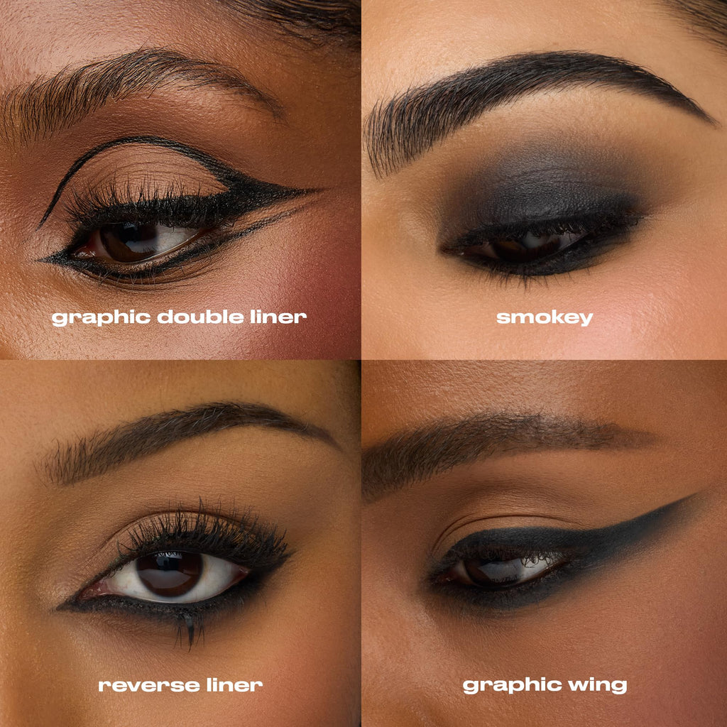 Four eye makeup styles using Urban Decay 24/7 Waterproof Waterline Eyeliner. Includes graphic double liner, smoky look, reverse liner, and graphic wing.
