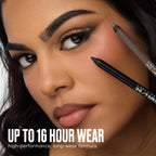 Close-up of a model showcasing Urban Decay 24/7 Waterproof Eyeliner, highlighting two shades for long-lasting wear.