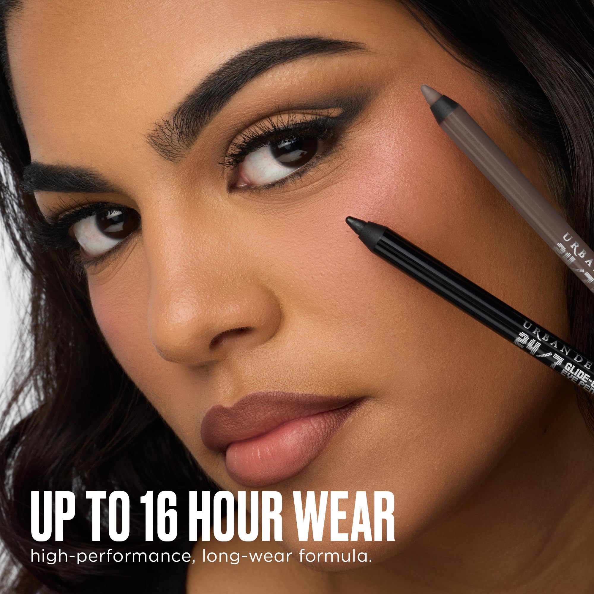 Close-up of a model showcasing Urban Decay 24/7 Waterproof Eyeliner, highlighting two shades for long-lasting wear.