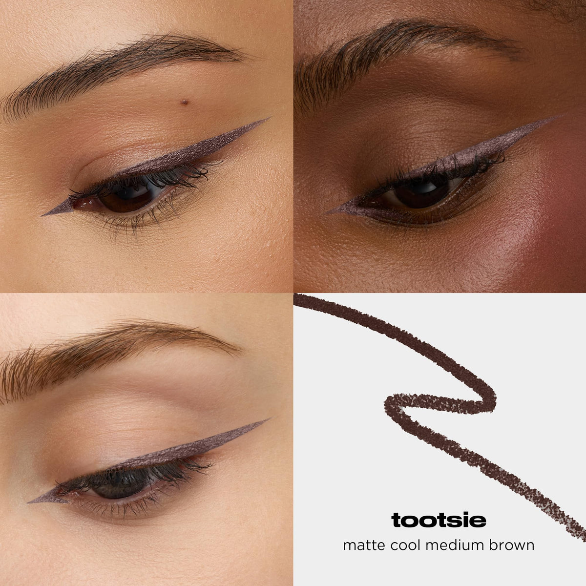 Urban Decay 24/7 Waterproof Eyeliner in Tootsie showcases rich color on diverse skin tones. Ideal for long-lasting, precise application.