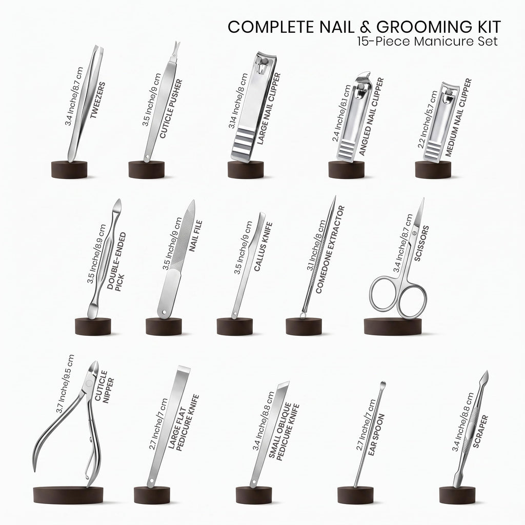 Premium imported Utopia Care 15-piece manicure set includes scissors, clippers, and tweezers for complete grooming.