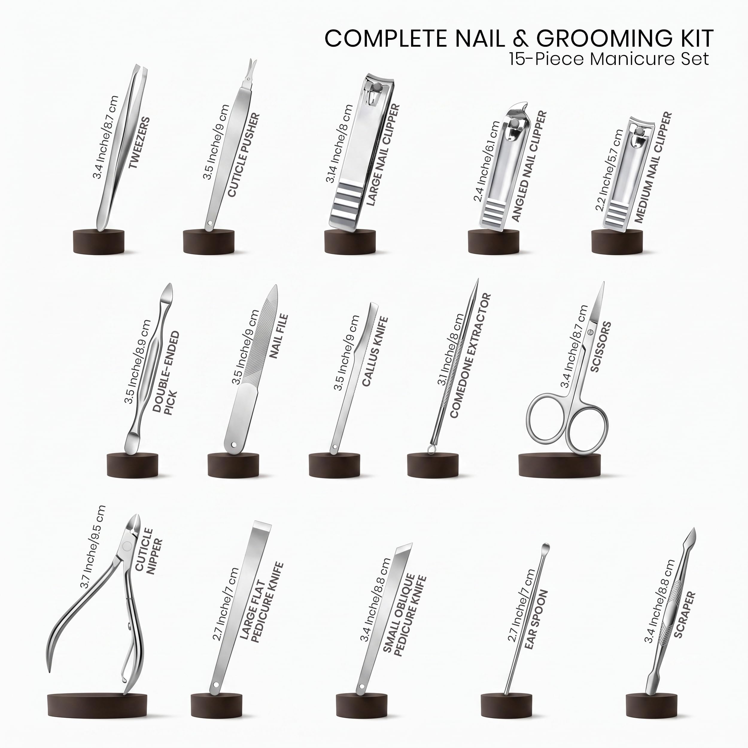 Premium imported Utopia Care 15-piece manicure set includes scissors, clippers, and tweezers for complete grooming.