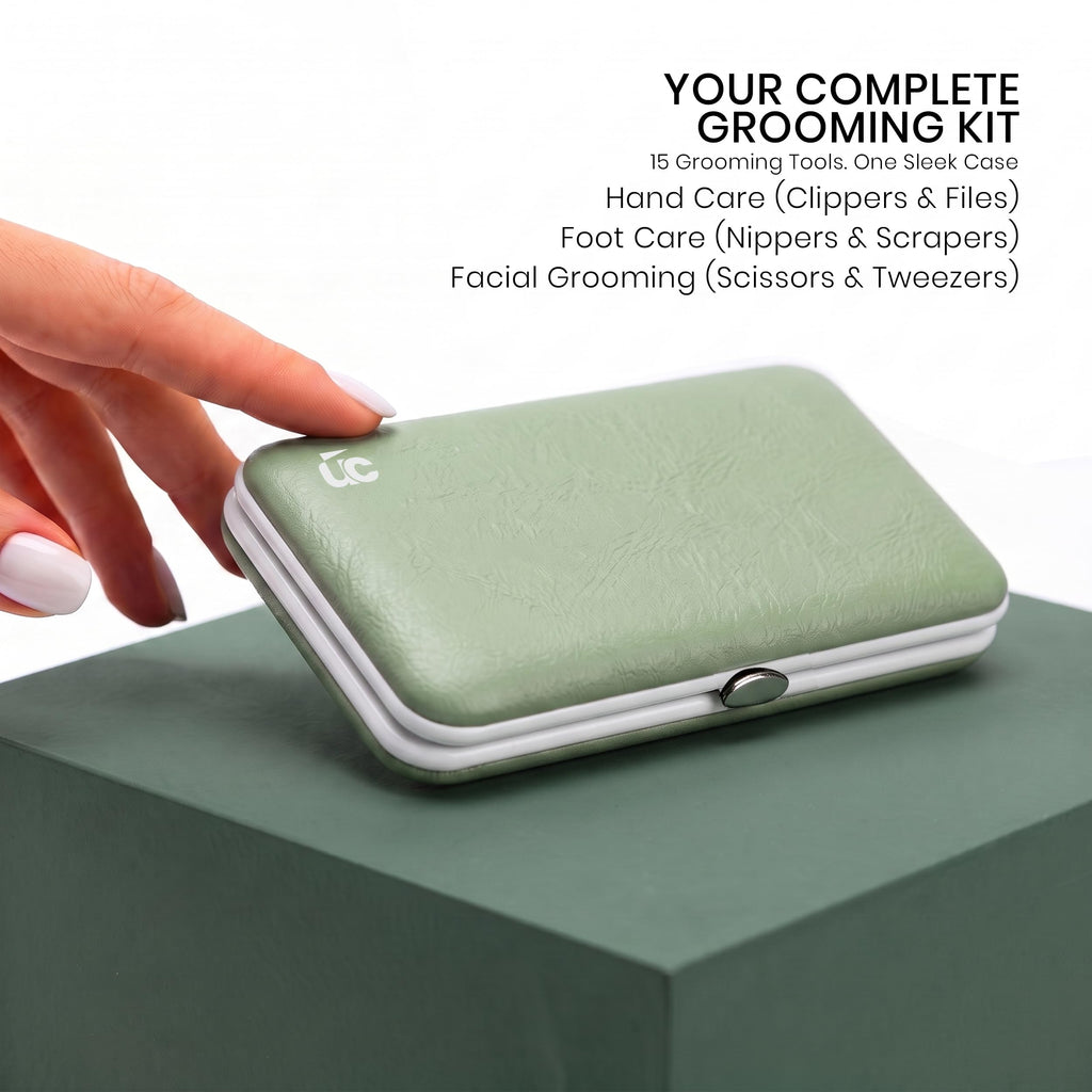 Utopia Care's professional manicure set in sleek green case. Includes tools for hand, foot, and facial grooming.