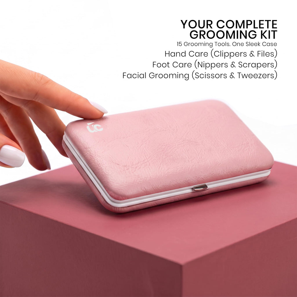 Premium imported Utopia Care manicure set in a sleek pink case, featuring 15 essential grooming tools for hand and foot care.