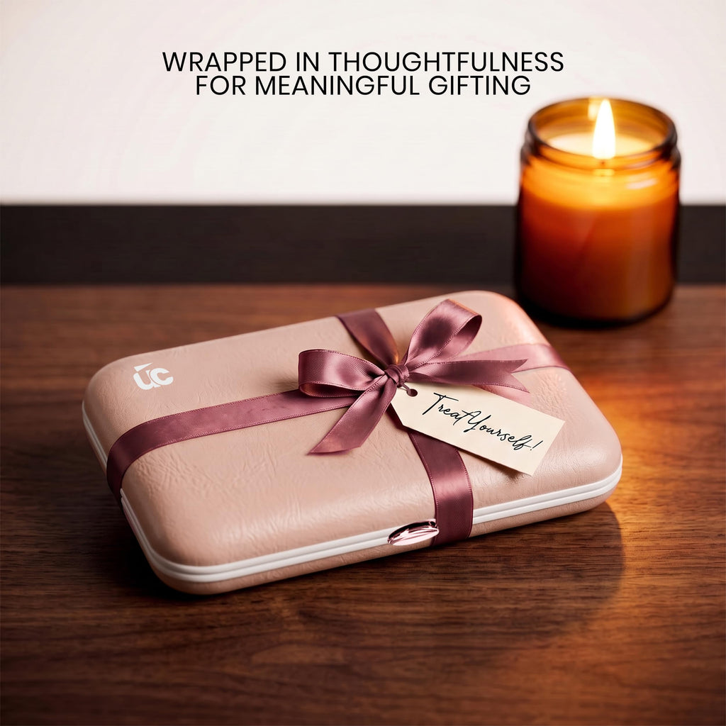 Utopia Care's professional manicure set, beautifully packaged with a ribbon and gift tag, perfect for thoughtful gifting.