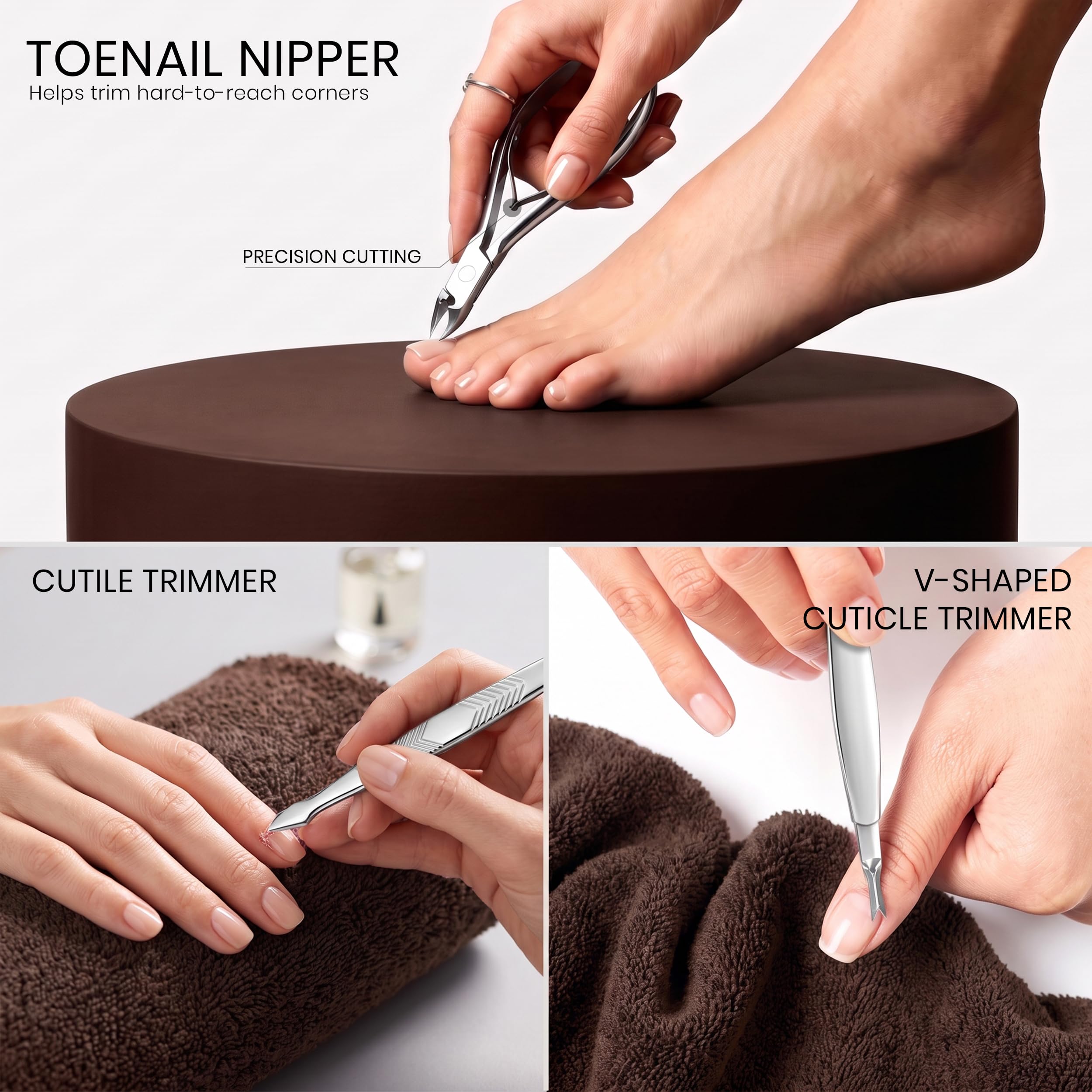 Utopia Care's Professional Manicure Set features precision toenail nipper and V-shaped cuticle trimmer for thorough grooming.