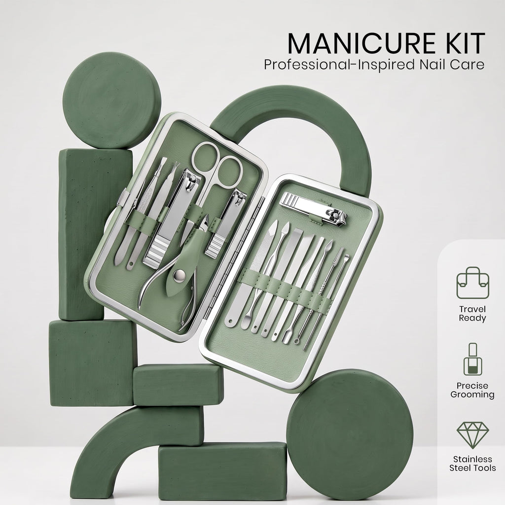 Utopia Care Professional Manicure Set features stainless steel tools, perfect for precise grooming and travel-friendly.