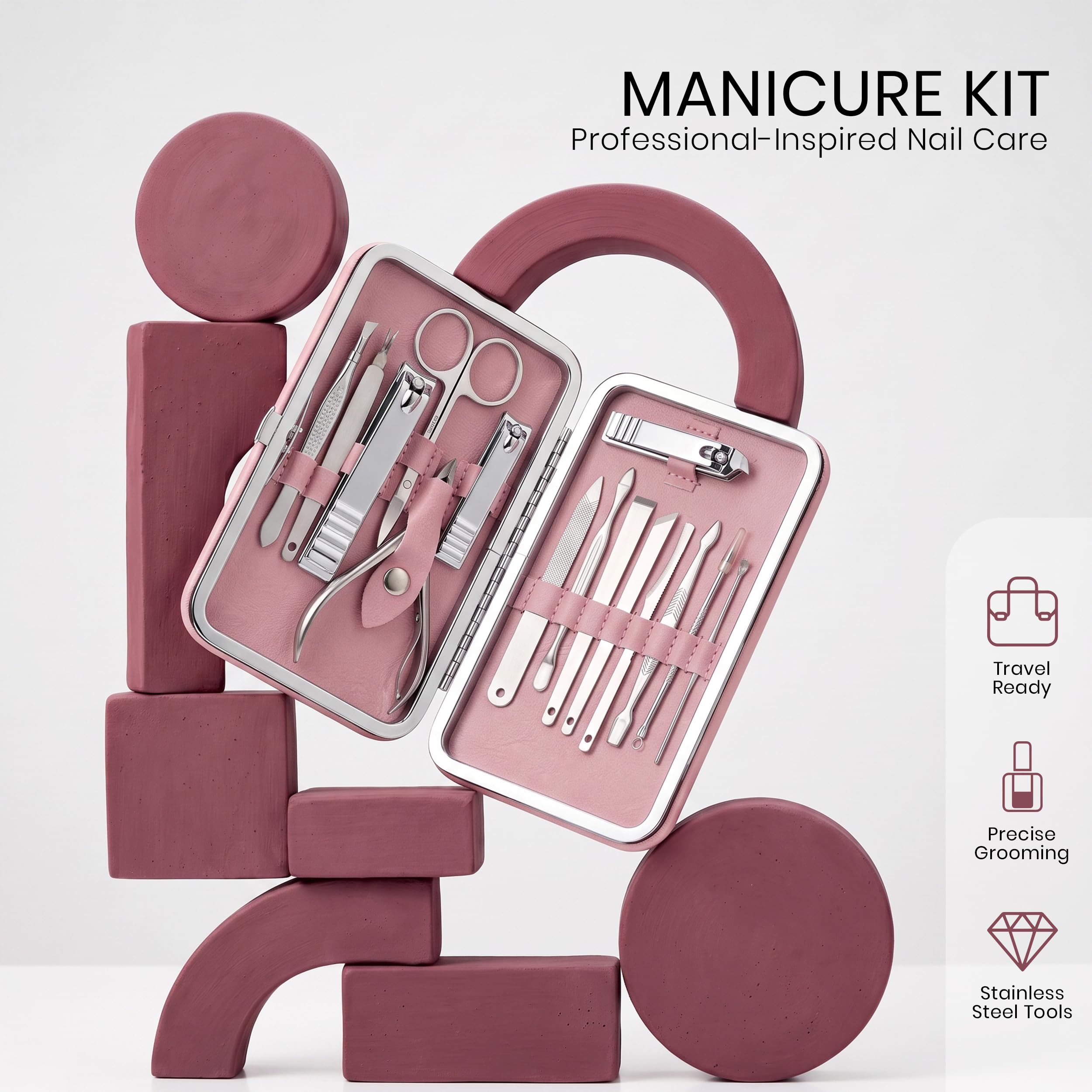 Utopia Care professional manicure set in a sleek pink case; includes stainless steel tools for precise grooming. Verified by CuratCart.