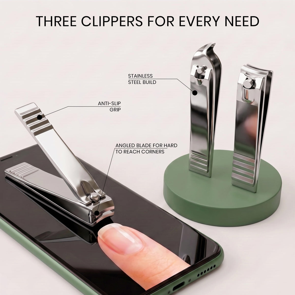 Utopia Care Manicure Set features three stainless steel clippers with an anti-slip grip for professional grooming.