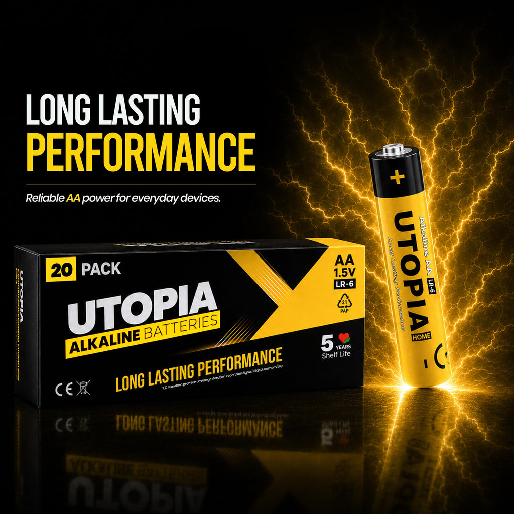 Utopia Home Alkaline AA Batteries, 20 pack, 100% Authentic, available in India at Curat Cart. Long lasting performance for everyday devices.