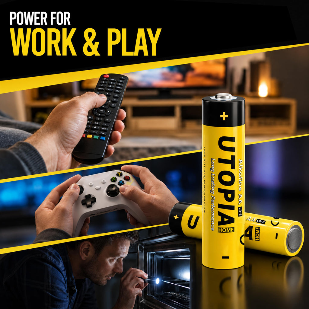 Utopia Home Alkaline AA Batteries enhance your devices for work and play. Perfect for daily use, available at Curat Cart.