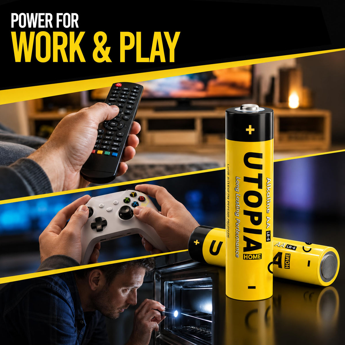 Utopia Home Alkaline AA Batteries enhance your devices for work and play. Perfect for daily use, available at Curat Cart.