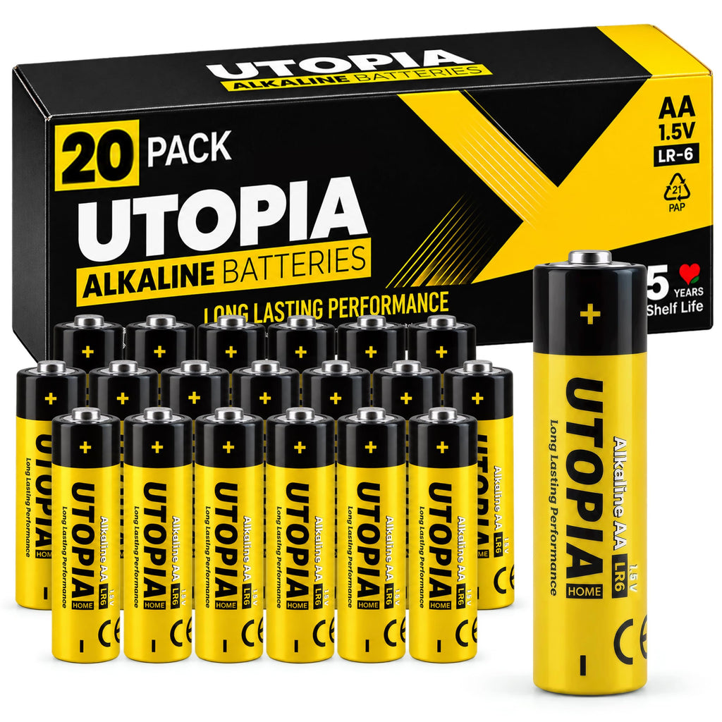 Utopia Home Alkaline AA Batteries, premium imported 20 pack, ensures long-lasting performance. Available at Curat Cart.