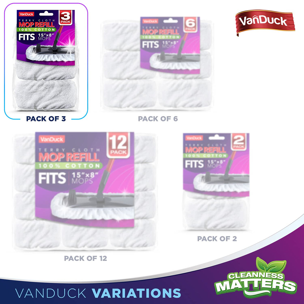 VanDuck Cotton Terry Mop Pads in various pack sizes, 100% Authentic, available in India at Curat Cart. Clean with confidence.