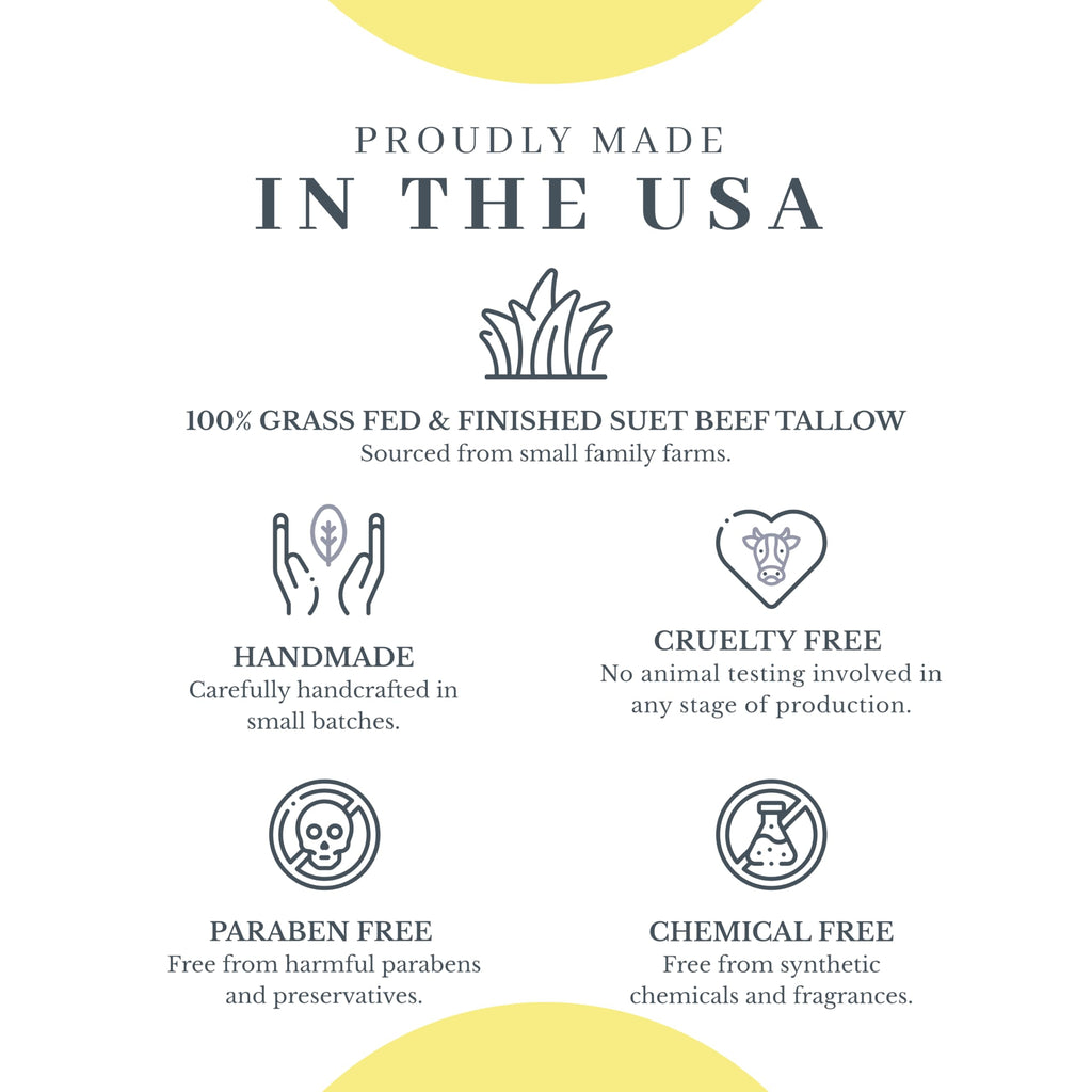 Premium handmade balm made in the USA, featuring grass-fed tallow and honey. Cruelty-free, paraben-free, and chemical-free.