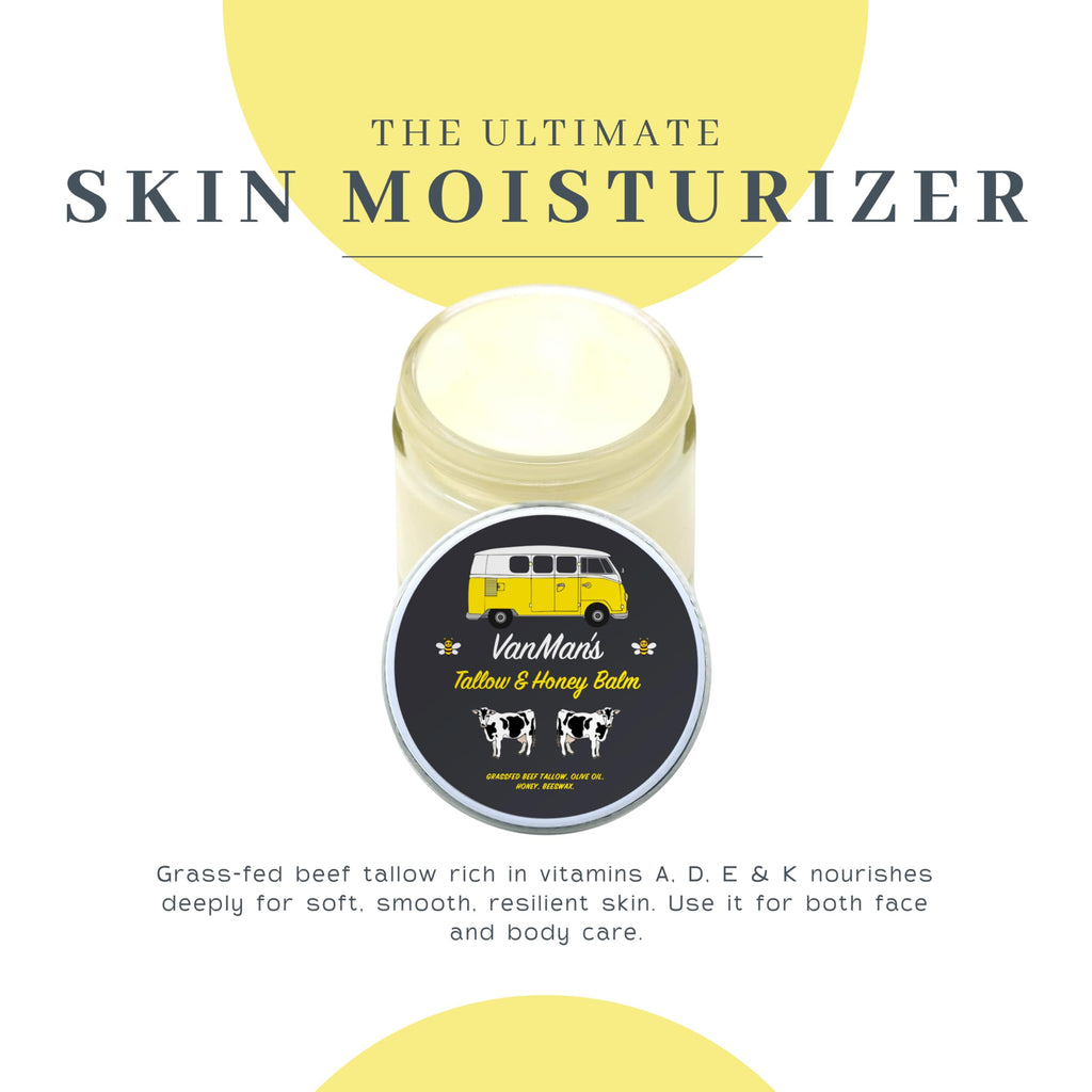 Vanman's Tallow and Honey Balm offers deep nourishment with grass-fed beef tallow for soft, resilient skin. Ideal for face and body.
