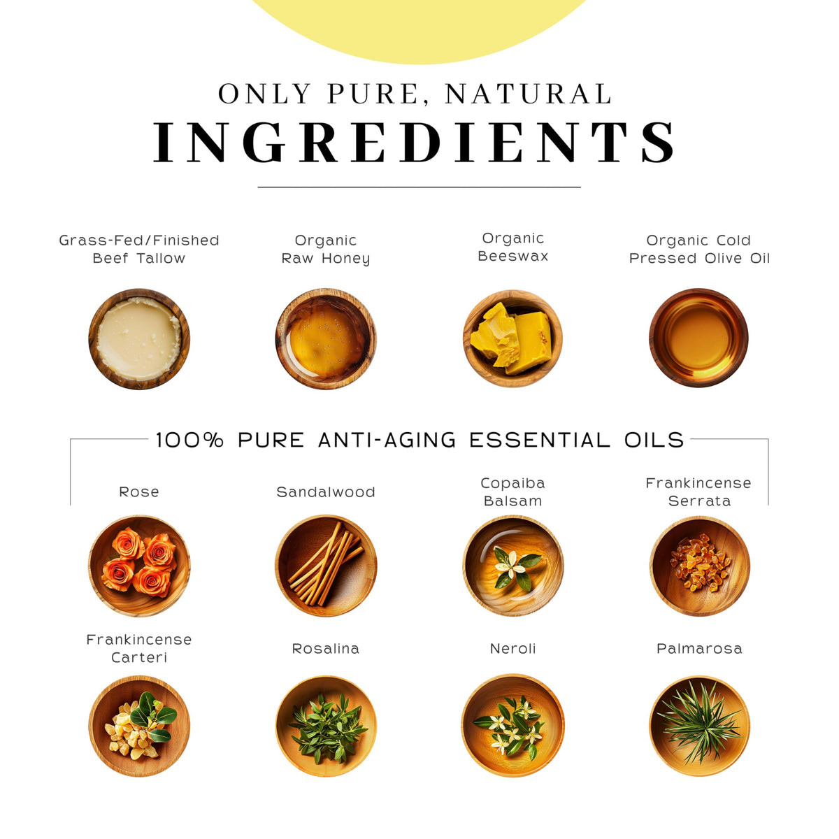 Premium imported balm featuring pure grass-fed tallow, honey, organic oils, and essential oils for anti-aging.