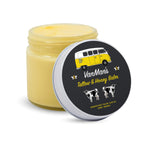 Vanman's Tallow and Honey Balm in jar, features yellow balm with a vintage camper van design, trusted by CuratCart.