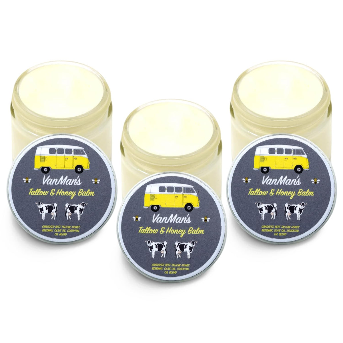 Moisturizing Vanman's Tallow and Honey Balm in jars. Available now for online order. Perfect for skin hydration.