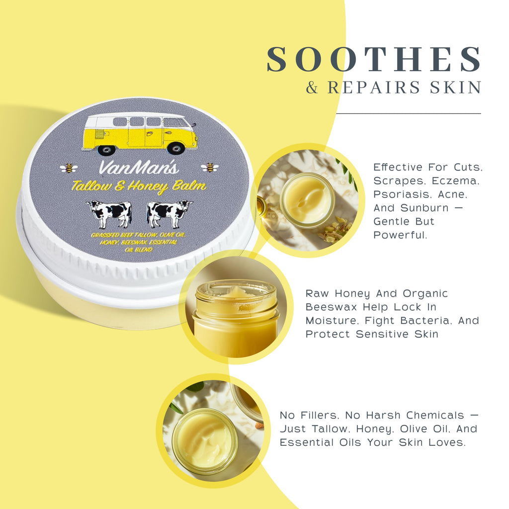 Vanman's Tallow and Honey Balm in a yellow and white jar. Soothes and repairs skin with natural ingredients. Certified by CuratCart.