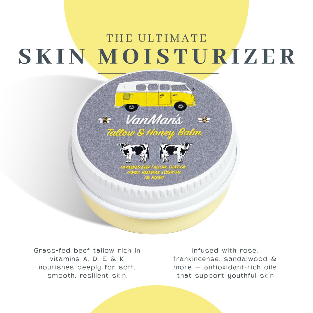 Vanman's Tallow and Honey Balm in unique yellow container, promoting deep skin hydration with natural ingredients.
