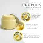 Natural soothing balm in clear jar, showcasing its creamy texture, effective for cuts and skin issues.